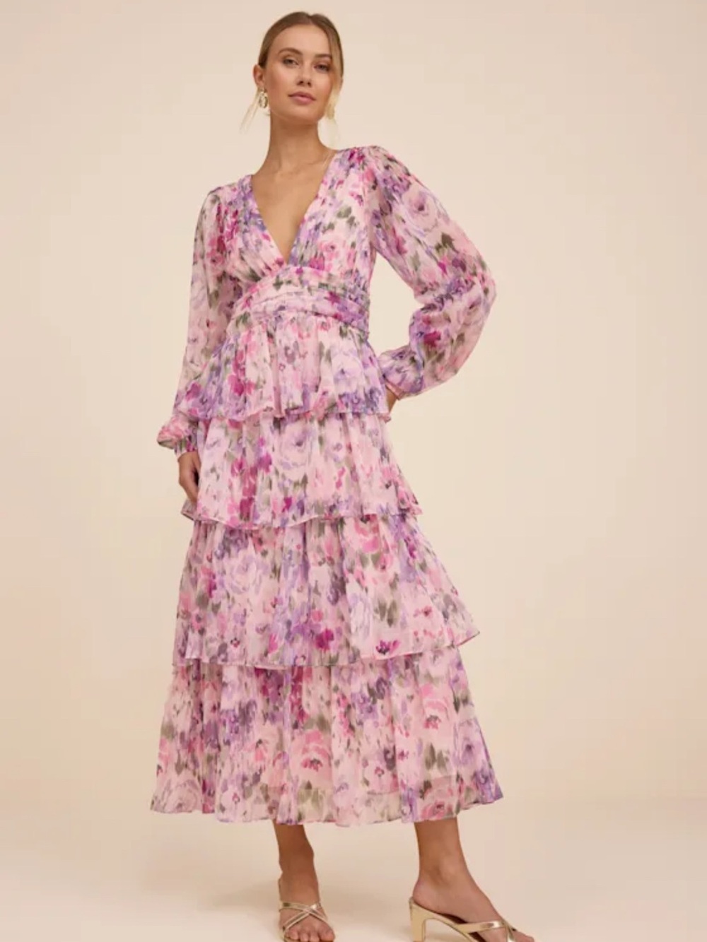 Like New/EUC - Lulu's - Lavender and Pink Floral Tiered Maxi Dress Size M